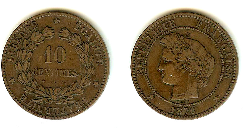 10 centimes Cérès 1876 Paris TTB- à TTB